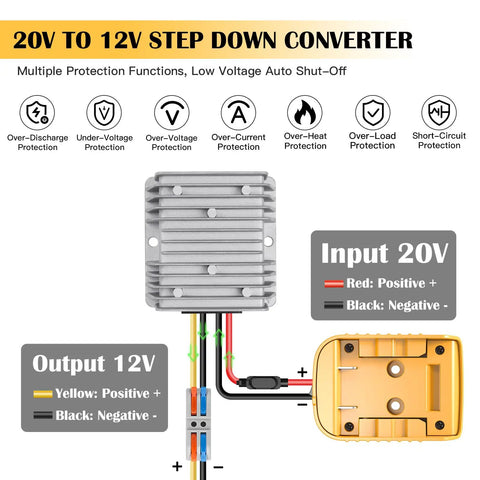 Diagram of 20V To 12V DC Step Down Converter Kit For 18V And 20V Batteries showing input and output connections.