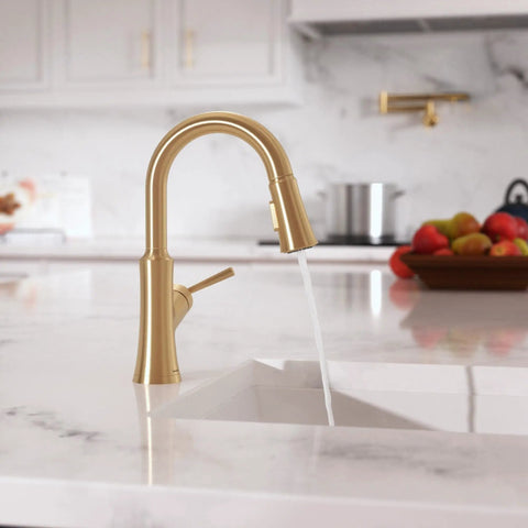 hansgrohe Joleena Pull Down Kitchen Faucet, Transitional, Magnetic Hand Sprayer, 1-Handle, 1.75 GPM, Brushed Bronze, 04112140 pouring water in sink