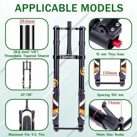 Diagram of Fat Tire 5.0 20 Inch Air Electric Mountain Bike Front Fork With Inverted Suspension, axle 15x150mm and 180mm travel.