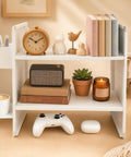 White Desktop Shelf Organizer With Adjustable Two Tier Design Space Saving For Dorm Room And Office, holding books and decor