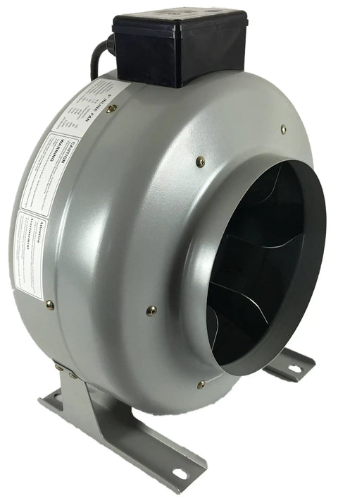 8 Inch Inline Duct Booster Fan With 670 CFM Metal Construction 8 Inch Inlet And Outlet Low Noise Performance High Pressure Air Handling Energy Efficient Ventilation Fan For Long Duct Runs Made In United States, angled view