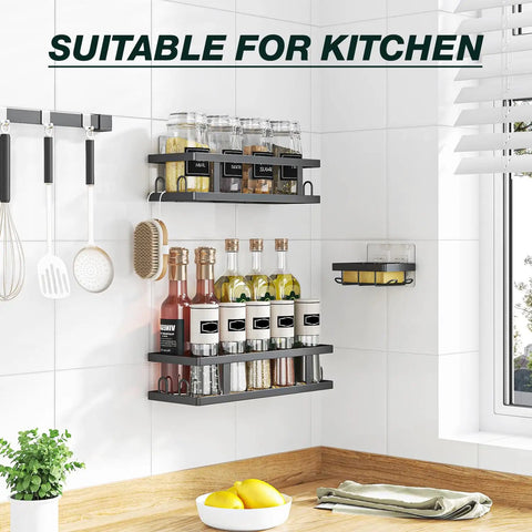 Adhesive Shower Caddy 3 Pack With Two Shelves, Soap Holder And 12 Hooks For Tidy Bathrooms displayed in a kitchen setting