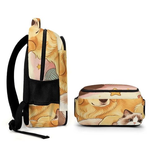 Side view of Bone And Wool Ball Mates Printed Backpack For Unisex Large Capacity Daypack with dog and cat print.