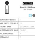 Sonnet Bold Colonial Candlelight Wall Sconce 1 Light 60 Watt Fixture in Matte Black, product details and features chart