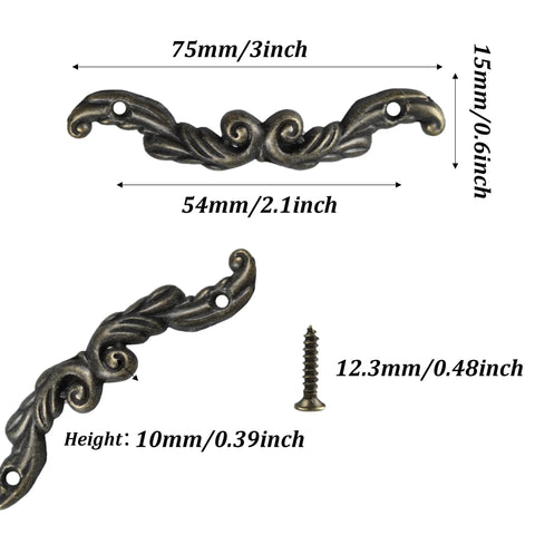 12 Pack Antique Bronze Decorative Arch Pulls 3 Inch By 0.6 Inch Zinc Alloy Mini Handles With 54mm Hole Spacing dimensions shown