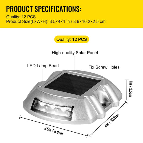 Solar Driveway Lights 12 Pack With 6 LED Per Light, Hella Bright White Beams, Waterproof Aluminum Housing, side view