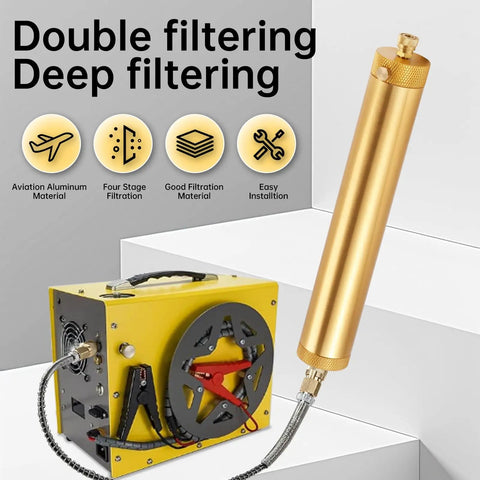 Oil Water Separator For PCP Air Compressors With 8mm Quick Connectors shown with gold finish and aviation aluminum body.