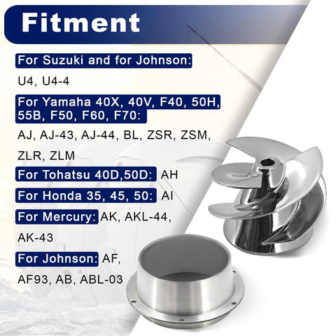 6 1/8 Inch Outboard Jet Impeller No 1737 Three Blade Polished Stainless Steel Kit with fitment for Suzuki, Yamaha, Tohatsu