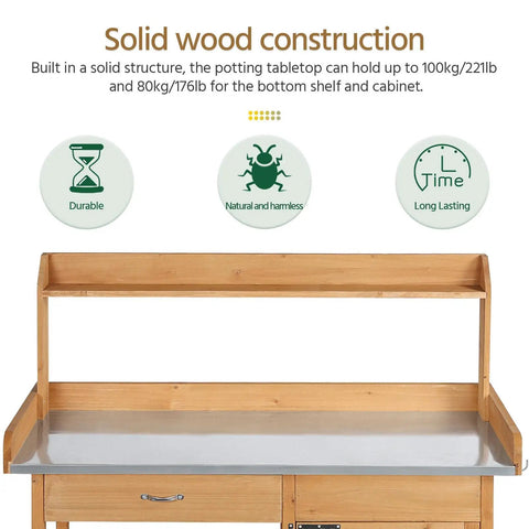 Outdoor Garden Potting Bench With Wood Tabletop And Open Shelf Cabinet Drawer Dope Fir Wood Workstation for potting plants.
