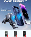 15W Wireless Car Charger With Auto Clamping Air Vent Mount, compatible with cases under 4mm, showing charging with phone