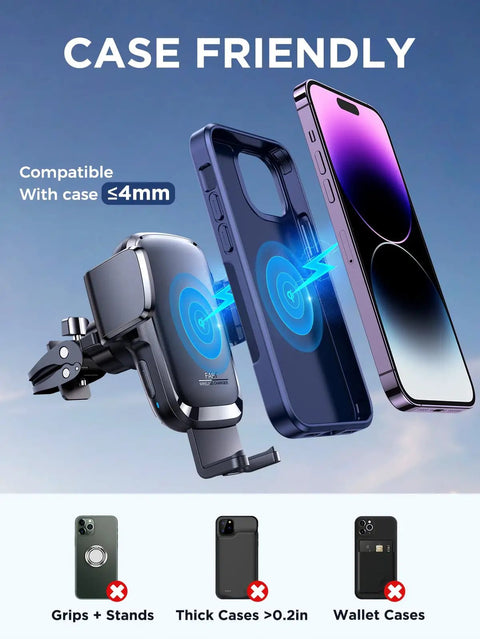 15W Wireless Car Charger With Auto Clamping Air Vent Mount, compatible with cases under 4mm, showing charging with phone