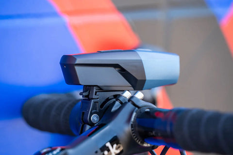 Side view of Lars Rover Power 850 USB Rechargeable Bicycle Headlight with Battery Meter, mounted on handlebars.