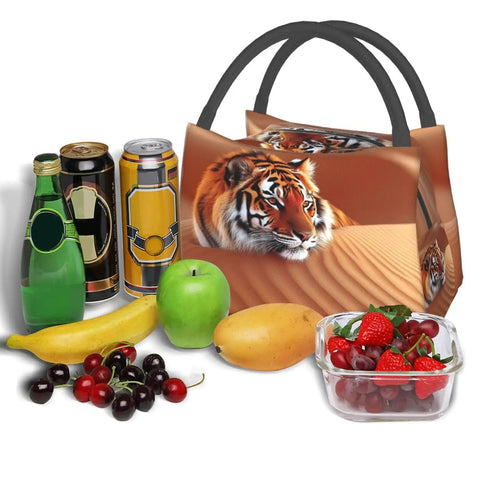 Tigers In The Desert Insulated Lunch Bag With Soft Cooler Tote For Men And Women beside fruits and beverages