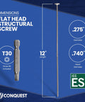 Pro Level Heavy Duty Structural Wood Screws Built Different Solid, 12 Inch Long Flat Head T30 Star Drive Carbon Steel Screw Specifications