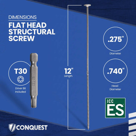 Pro Level Heavy Duty Structural Wood Screws Built Different Solid, 12 Inch Long Flat Head T30 Star Drive Carbon Steel Screw Specifications