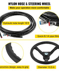 Beefy Hydraulic Outboard Steering Kit with 13.5 inch aluminum wheel and 18 foot nylon hose, features ergonomics and quick-fit pipe fitting.