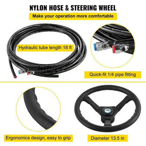 Beefy Hydraulic Outboard Steering Kit with 13.5 inch aluminum wheel and 18 foot nylon hose, features ergonomics and quick-fit pipe fitting.