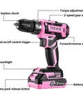 Pink Cordless Drill Kit With Battery And Charger, 20V Electric Power Drill For Women with labeled components