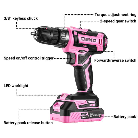 Pink Cordless Drill Kit With Battery And Charger, 20V Electric Power Drill For Women with labeled components