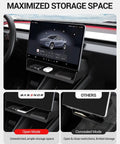 Under Screen Storage Box For Tesla Model Y And Model 3 Center Console Organizer Tray Juniper 2024 2025 2026 in open mode showing storage.