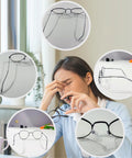 Collage of eyeglasses frames needing repair with frustrated woman and All In One Eyeglasses Repair Kit For Quick Adjustments And Tightening Frames