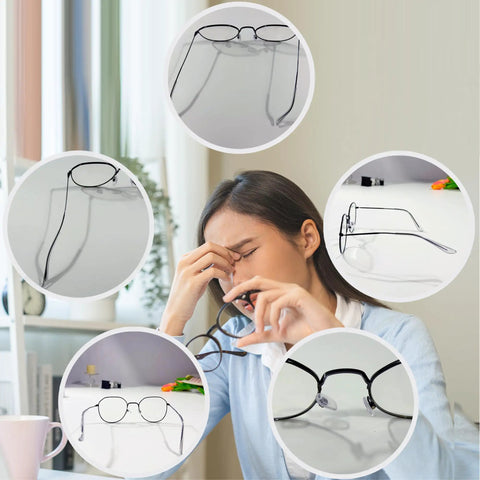 Collage of eyeglasses frames needing repair with frustrated woman and All In One Eyeglasses Repair Kit For Quick Adjustments And Tightening Frames