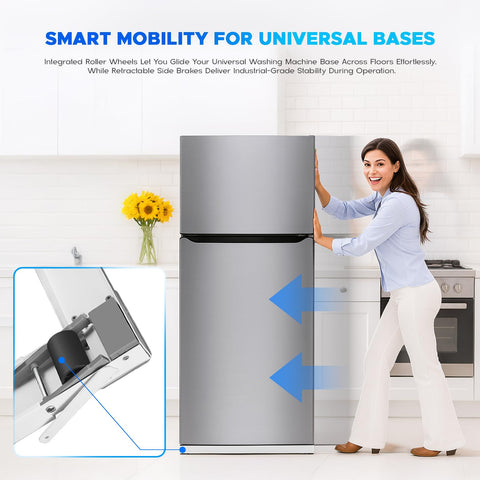 Heavy Duty Washing Machine Stand With Wheels For Front Load And Top Load, Beefed Up Anti Vibration Base, 250 Kg Capacity, Retractable Brakes, Adjustable Depth From 38 To 60 Cm, White