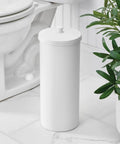 Freestanding Toilet Paper Storage Holder With Lid For 3 Extra Rolls White Floor Stand Organizer in modern bathroom setting
