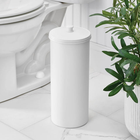 Freestanding Toilet Paper Storage Holder With Lid For 3 Extra Rolls White Floor Stand Organizer in modern bathroom setting