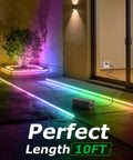 12V 6A Power Supply Adapter 72W with a 10ft cord powering outdoor LED strip lights on a patio, connected to a wall outlet.