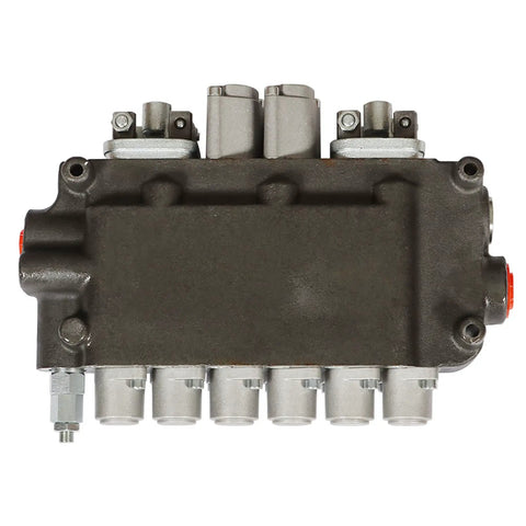 Front view of 6 Spool 21GPM Hydraulic Directional Control Valve With Joystick, Double Acting, 3625 PSI Max, heavy duty cast iron.