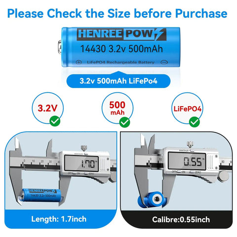 14430 3.2V Rechargeable LiFePO4 Battery 500mAh For Outdoor Solar Garden Lights Shaver Flashlight Toothbrush 4 Pack Not AA Size Durable Compact Easy Install Long Lasting Power Great For Camping And DIY Solar Setups with dimensions shown