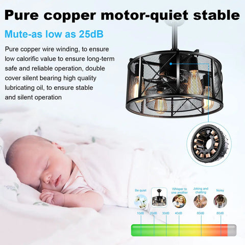 18 Inch Caged Ceiling Fan With Light And Remote Dope Industrial Farmhouse Style Modern Flush Mount, showcasing quiet operation.