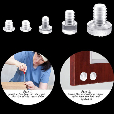 Straight Up Solid Protection No Hassle Install Premium Rubber Table Feet Bumpers Assorted Clear Sizes Non Adhesive Anti Slip Grips Quick Fix For Glass Furniture And Cabinets showing installation steps and bumpers.