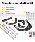 Aluminum SBC Alternator And Power Steering Pump Drive Bracket Kit With Pulley For Double Hump Heads Long Water Pump V Belt System Fit Chevy Small Block V8 305 327 350 383 5.0L 5.3L 5.4L 5.7L installation components including bolts, plates, and tubes.