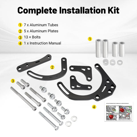 Aluminum SBC Alternator And Power Steering Pump Drive Bracket Kit With Pulley For Double Hump Heads Long Water Pump V Belt System Fit Chevy Small Block V8 305 327 350 383 5.0L 5.3L 5.4L 5.7L installation components including bolts, plates, and tubes.
