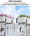Two flower boxes mounted on railing using Six Pack Deck Railing Adjustable Planter Box Brackets From 6 To Twelve Point Five Inches Universal Heavy Duty Iron Flower Box Wall Mounting Hooks For Fences Patio And Garden Black.