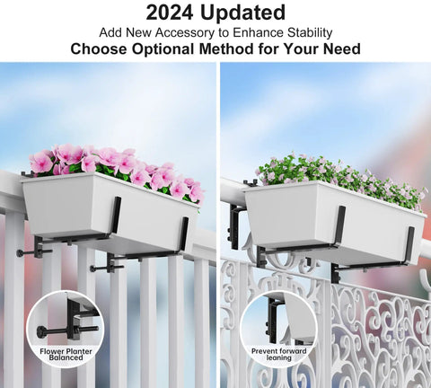 Two flower boxes mounted on railing using Six Pack Deck Railing Adjustable Planter Box Brackets From 6 To Twelve Point Five Inches Universal Heavy Duty Iron Flower Box Wall Mounting Hooks For Fences Patio And Garden Black.
