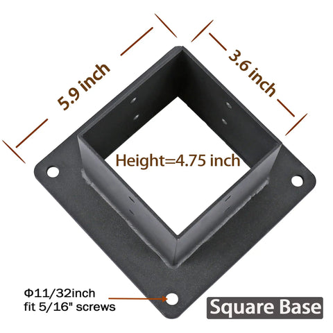 Beefy Two Pack 3.6 By 3.6 Inch Post Base Anchors in stainless steel with black finish, square flange base, shown with dimensions.