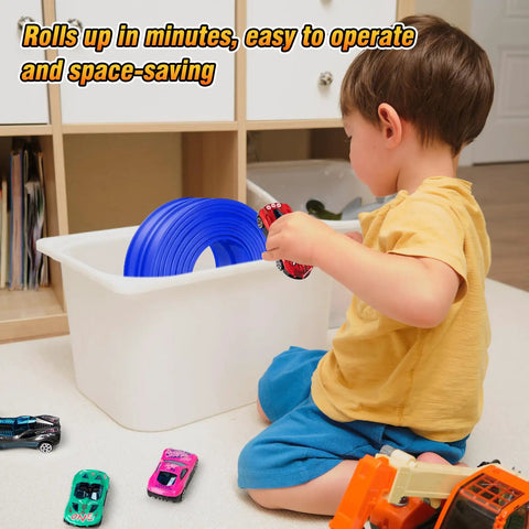 Child playing with 15Ft Flexible Race Car Track For Kids With Suction Cups Easy Setup Roll Up Portable Racetrack and toy cars