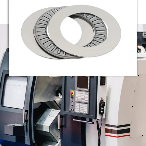 2 Pack Thrust Needle Roller Bearings With Washers NTA2031 for adjacent machine components, shown in front of industrial machinery.