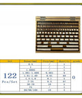 Solid Build 122 Piece Ceramic Gauge Block Set Featuring Dead On Grade Zero Precision Calibration For Micrometer And Caliper Measurement Tight Tolerance Shop Tested Right On Tool Setup Through 100 mm Range in wooden case with measurement details.