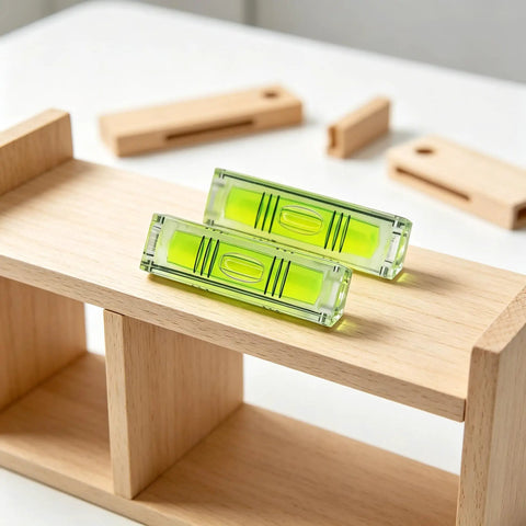 2 Pack Magnetic Mini Bubble Level Tool 2 Inch, Small Pocket on a wooden shelf for easy leveling of objects.