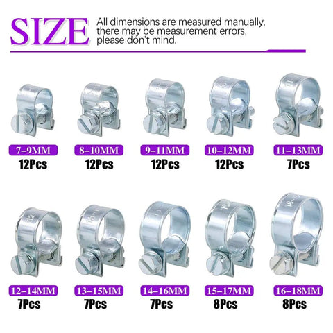 92 Piece Zinc Plated Mini Fuel Injection Line Style Hose Clamp Set 10 Sizes Perfect For Auto Farm Plant And Construction Jobs Pro Grade Heavy Duty Rust Resistant Clips For A Tight Fit shown with 10 size options from 7-18 mm
