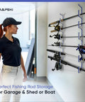 Built Tough Wall Or Boat Mount Fishing Rod Rack And Pole Holder Marine Grade HDPE Holds Up To 3 Rods Stackable Pole Organizer installed on wall.