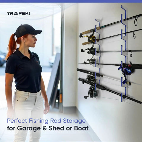 Built Tough Wall Or Boat Mount Fishing Rod Rack And Pole Holder Marine Grade HDPE Holds Up To 3 Rods Stackable Pole Organizer installed on wall.