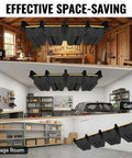 Overhead Garage Storage Rack System With Five Rails Set installed in shed, garage, and storage room, holding plastic totes overhead.