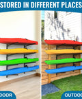 Premium Heavy Duty Kayak Storage Rack Wall Mount System For Garage storing colorful kayaks indoors and outdoors on sturdy steel frames.