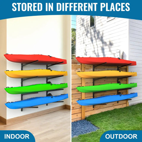Premium Heavy Duty Kayak Storage Rack Wall Mount System For Garage storing colorful kayaks indoors and outdoors on sturdy steel frames.