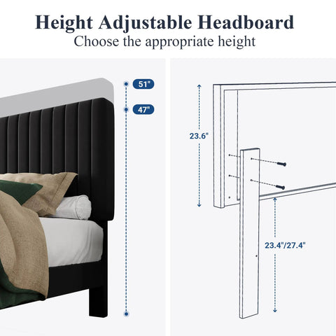 Queen Size Bed Frame With Plush Velvet Upholstery And Channel Tufted Headboard Boasting Solid Wooden Slats For No Sweat Mattress Support Big Time Comfort Black Bedroom Setup height adjustable headboard dimensions